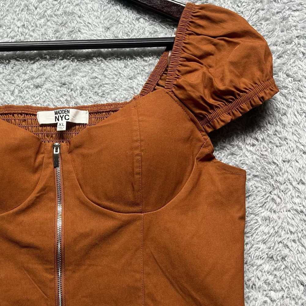 Madden NYC Top XL Rust Brown Corset Bustier Front Zip Puff  Short Sleeve Smocked - Picture 3 of 10